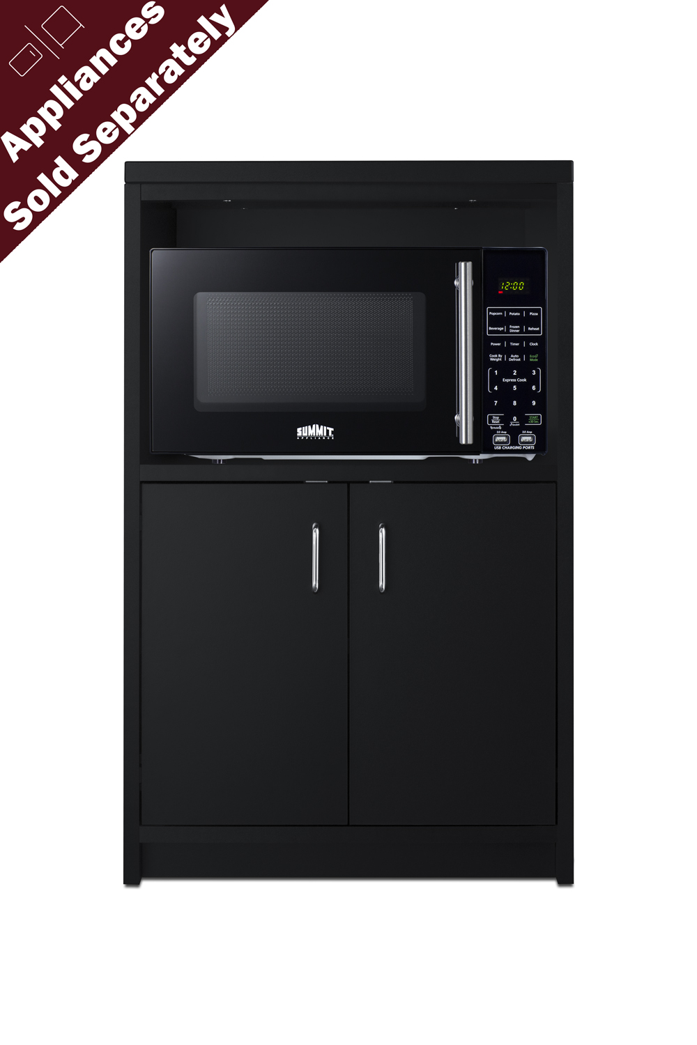 Fully assembled casework cabinet with French door swing in ADA compliant height and black finish designed to accept compact microwaves